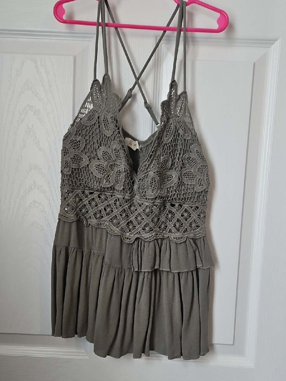 LA MIEL Olive Crochet Lace Tiered Tank Top
